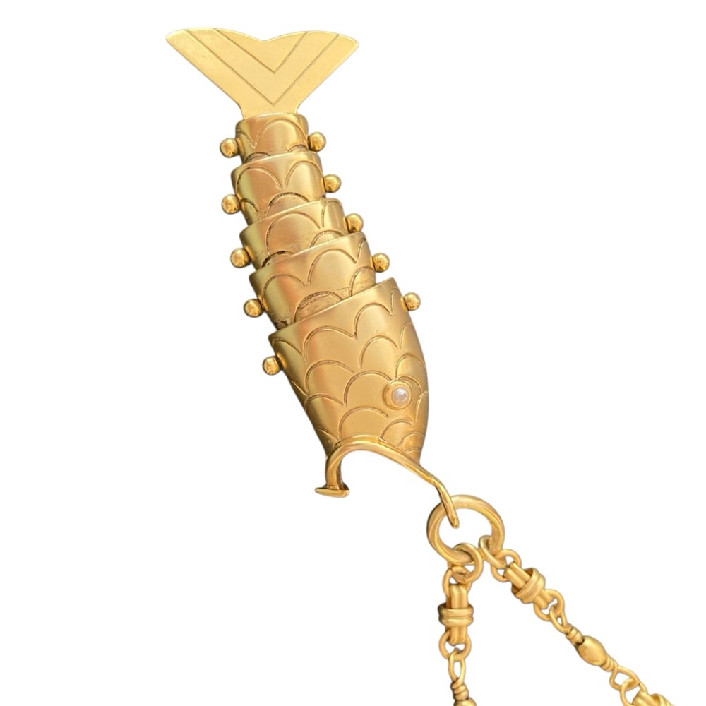 BRINKER + ELIZA | ‘Tall Tale` Fish Necklace 24K Antique Gold Plated Handmade - Picture 7 of 7
